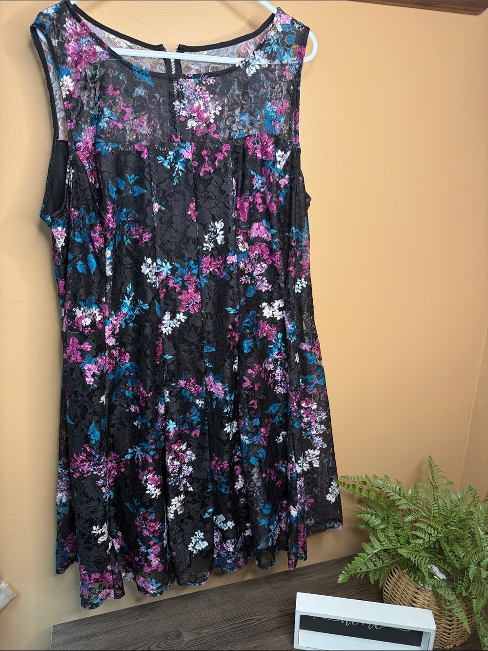 Lane Bryant Black Floral Lace Sleeveless Dress with Pink, Blue & White Flowers